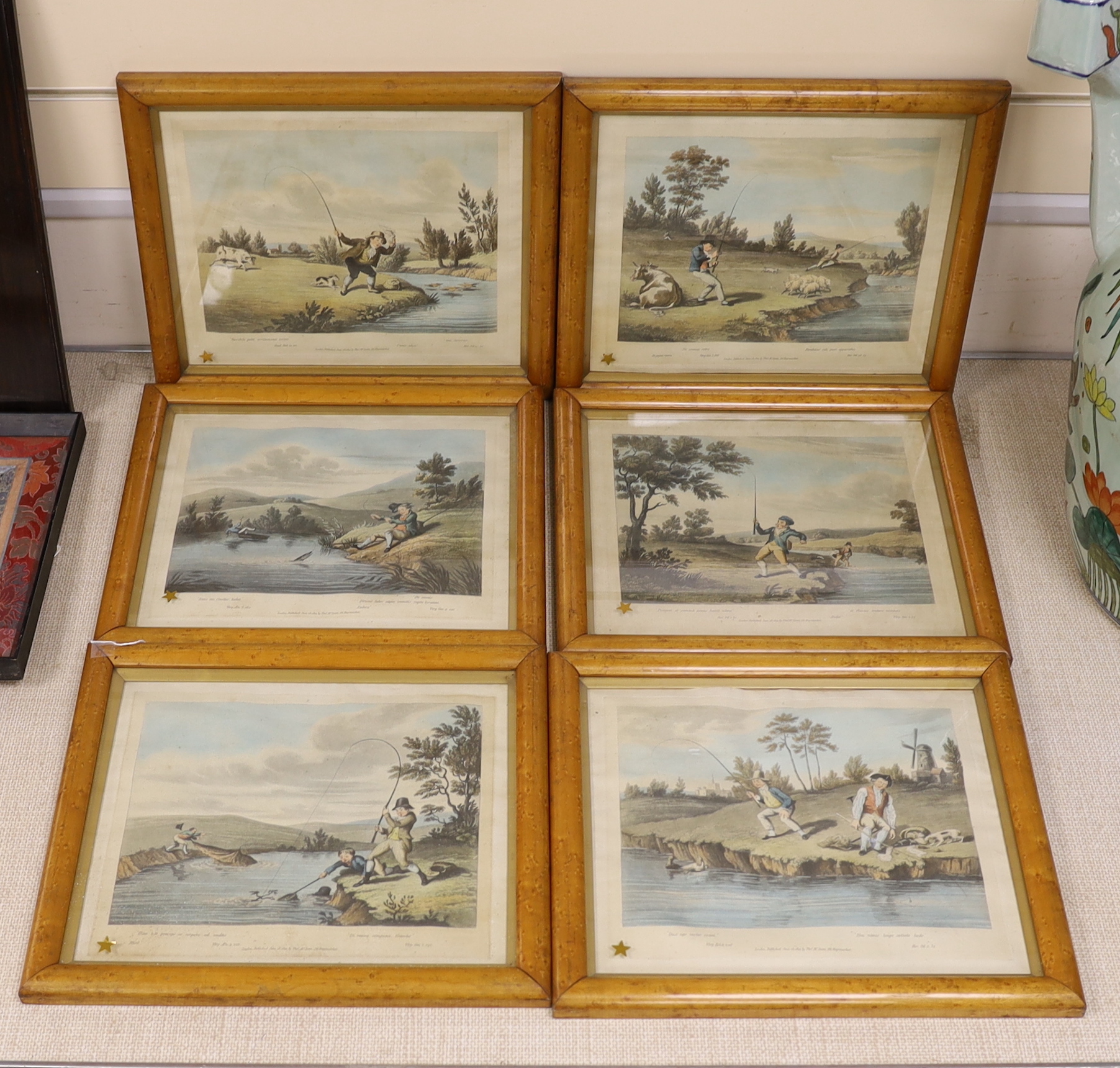 After Charles Turner (1773-1857) set of six 19th century coloured engravings, Delights of fishing, 27cm x 23cm, maple framed